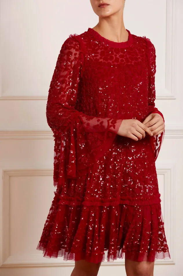 Needle and Thread Annie Sequin Tiered Mini Dress Red Women Exclusives