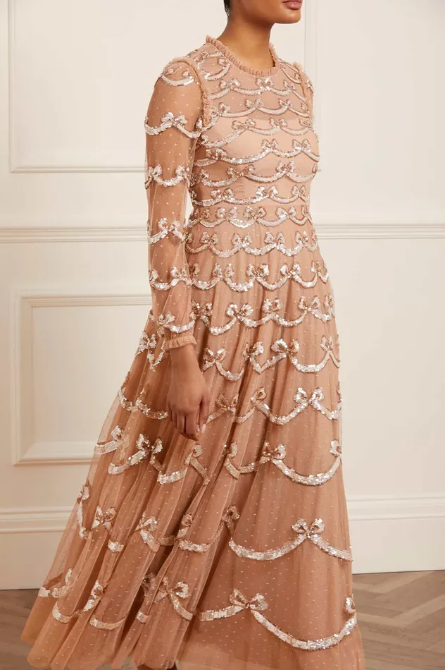 Needle and Thread Bow Sequin Long Sleeve Gown Beige Women Embellished Dresses Needle and Thread Bow Sequin Long Sleeve Gown Beige Women Embellished Dresses