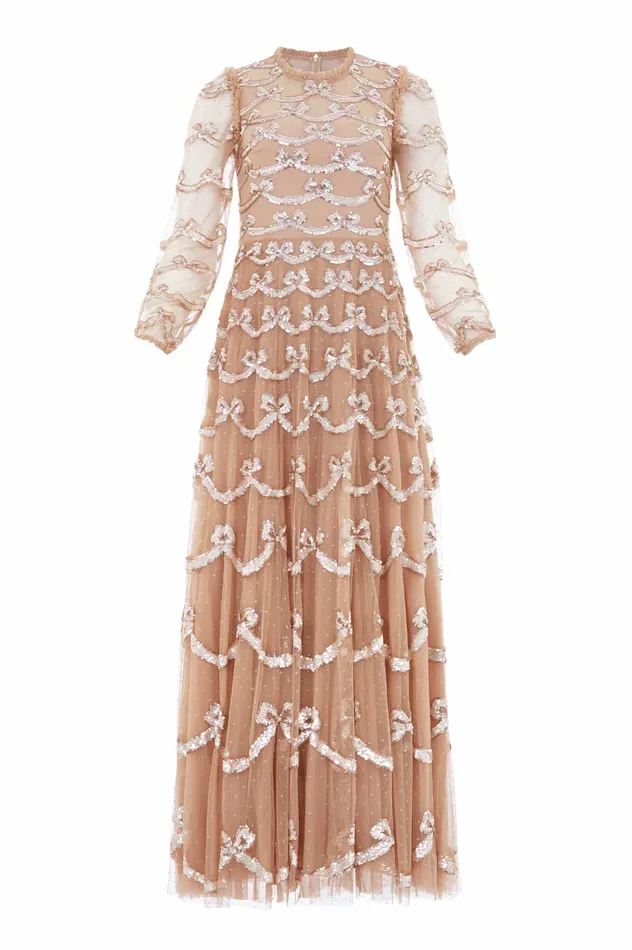 Needle and Thread Bow Sequin Long Sleeve Gown Beige Women Embellished Dresses Needle and Thread Bow Sequin Long Sleeve Gown Beige Women Embellished Dresses
