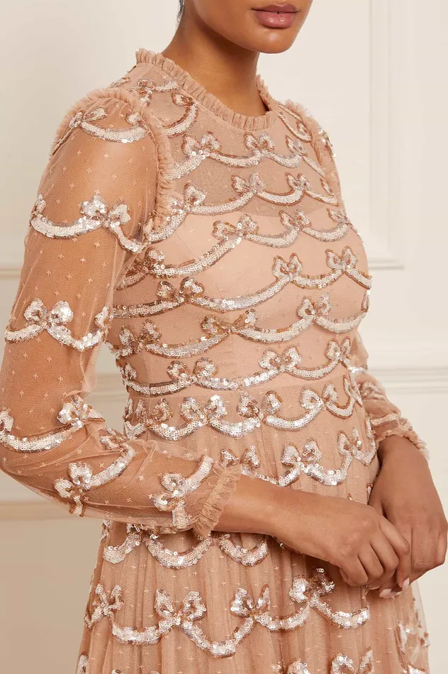 Needle and Thread Bow Sequin Long Sleeve Gown Beige Women Embellished Dresses Needle and Thread Bow Sequin Long Sleeve Gown Beige Women Embellished Dresses