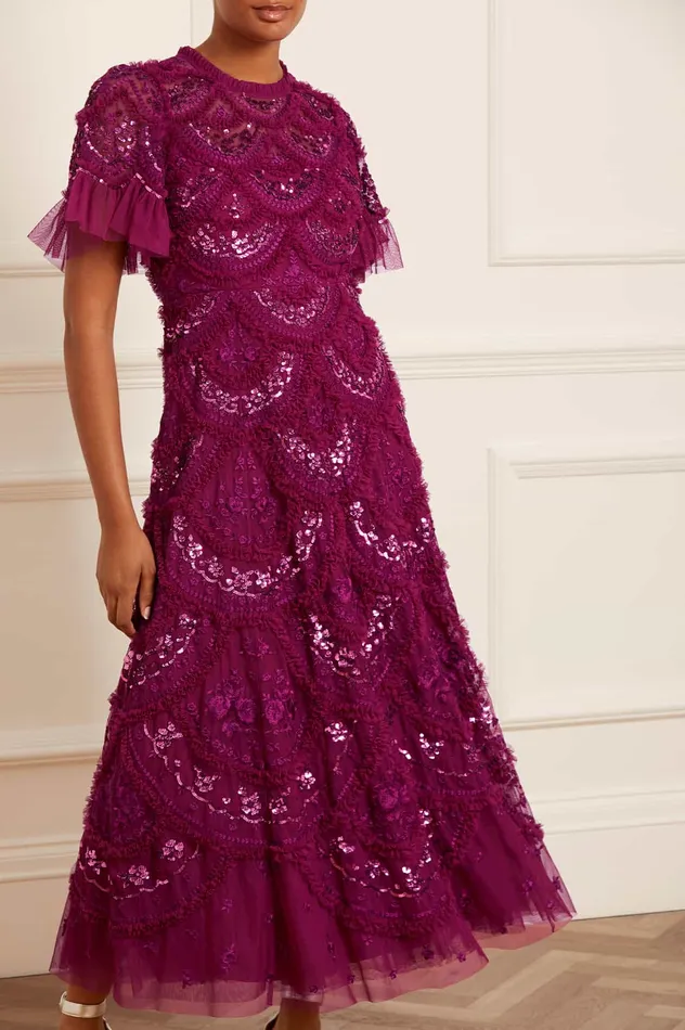 Needle and Thread Carmen Ruffle Ankle Gown Purple Women Evening Dresses
