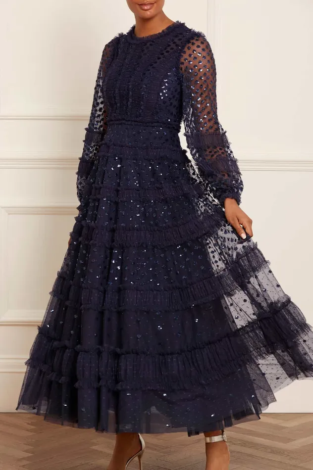 Needle and Thread Dot Shimmer Ankle Gown Blue Women Evening Dresses