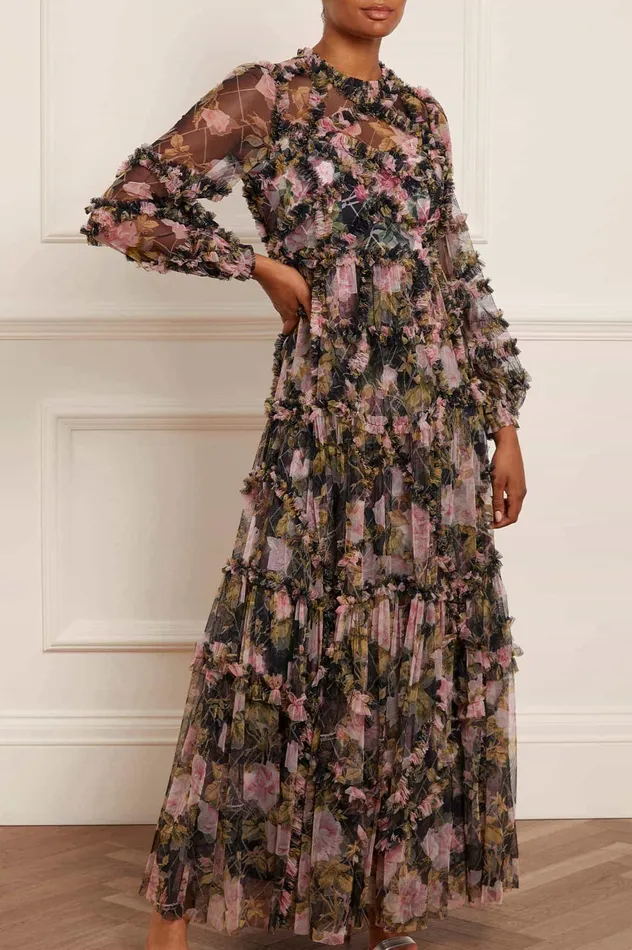Needle and Thread English Rose Diamond Ruffle Gown Black Women Printed Dresses Needle and Thread English Rose Diamond Ruffle Gown Black Women Printed Dresses