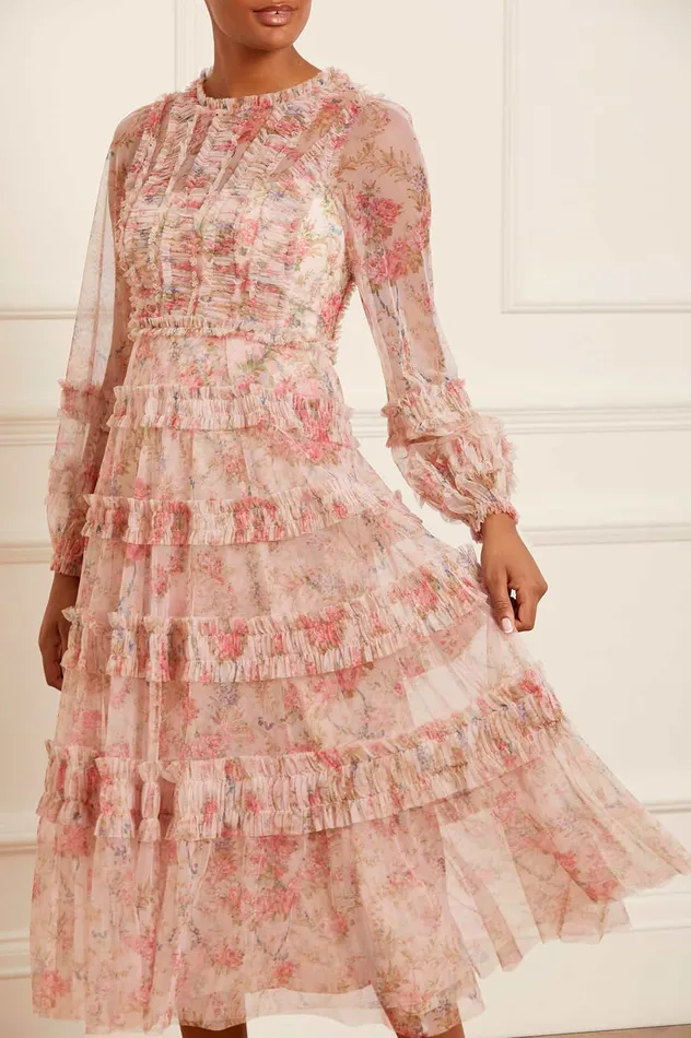 Needle and Thread Floral Wreath Ruffle Ballerina Dress Pink Women Printed Dresses Needle and Thread Floral Wreath Ruffle Ballerina Dress Pink Women Printed Dresses