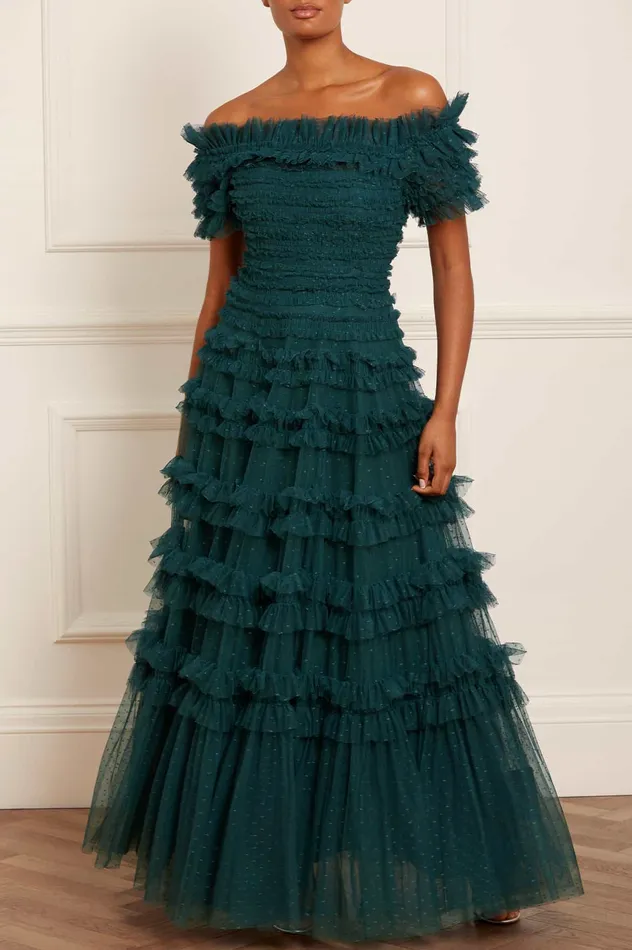 Needle and Thread Lisette Ruffle Off Shoulder Gown Green Women Evening Dresses