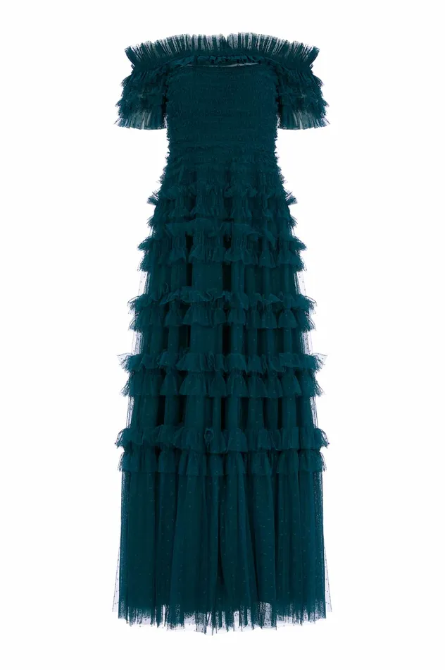 Needle and Thread Lisette Ruffle Off Shoulder Gown Green Women Evening Dresses