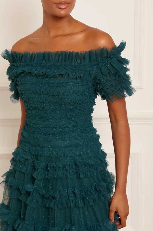 Needle and Thread Lisette Ruffle Off Shoulder Gown Green Women Evening Dresses