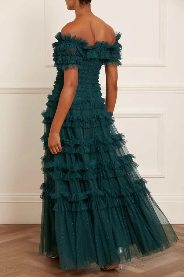 Needle and Thread Lisette Ruffle Off Shoulder Gown Green Women Evening Dresses