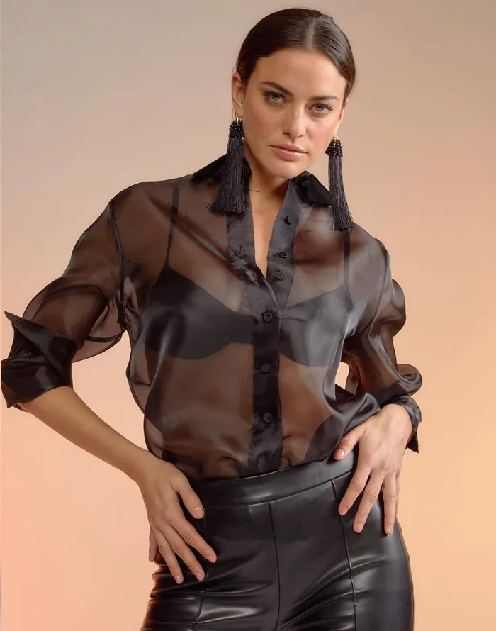 Organza Button Down Shirt 8211 Black Women Cynthia Rowley Tops
