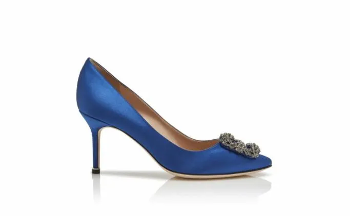 Pumps Women Manolo Blahnik HANGISI 70Blue Satin Jewel Buckle Pumps