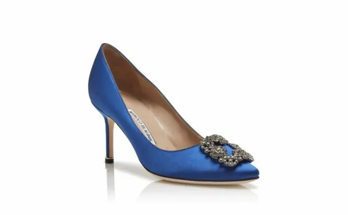 Pumps Women Manolo Blahnik HANGISI 70Blue Satin Jewel Buckle Pumps