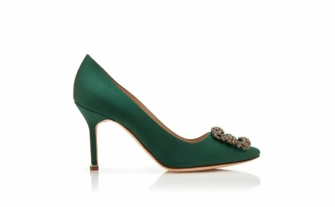 Pumps Women Manolo Blahnik HANGISI 90Green Satin Jewel Buckle Pumps