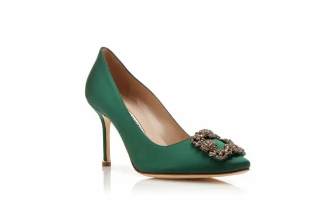 Pumps Women Manolo Blahnik HANGISI 90Green Satin Jewel Buckle Pumps