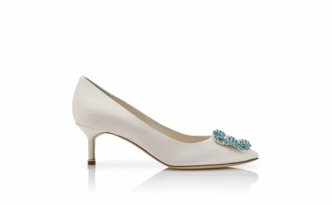 Pumps Women Manolo Blahnik HANGISI BRIDE 50White Satin Jewel Buckle Pumps