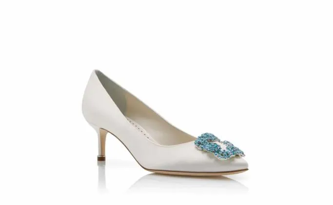 Pumps Women Manolo Blahnik HANGISI BRIDE 50White Satin Jewel Buckle Pumps