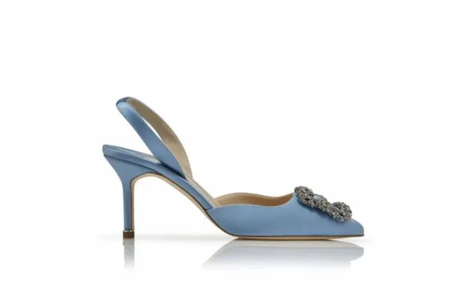Pumps Women Manolo Blahnik HANGISLILight Blue Satin Jewel Buckle Slingback Pumps