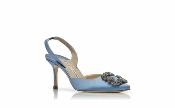 Pumps Women Manolo Blahnik HANGISLILight Blue Satin Jewel Buckle Slingback Pumps