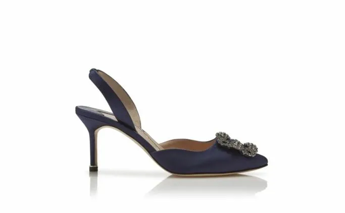 Pumps Women Manolo Blahnik HANGISLINavy Blue Satin Jewel Buckle Slingback Pumps
