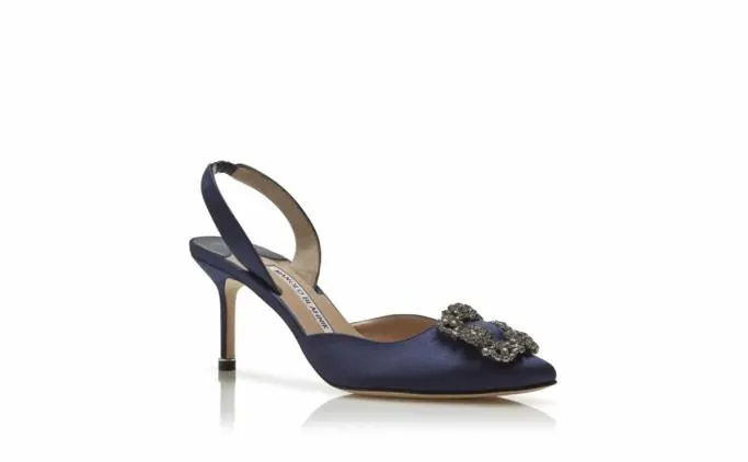 Pumps Women Manolo Blahnik HANGISLINavy Blue Satin Jewel Buckle Slingback Pumps