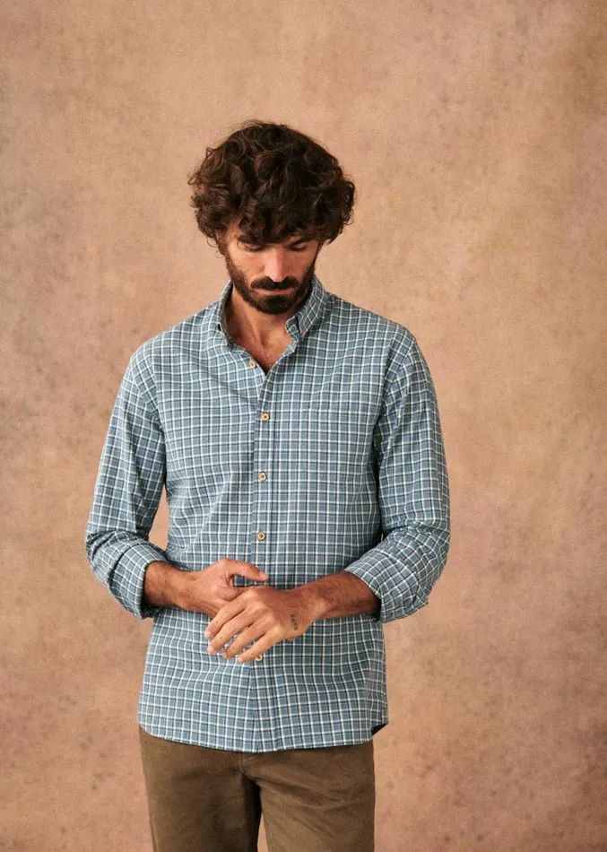 Szane Shirts Mens CHARLIE Carreaux Shirt Ecru Blue