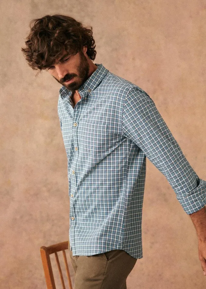 Szane Shirts Mens CHARLIE Carreaux Shirt Ecru Blue