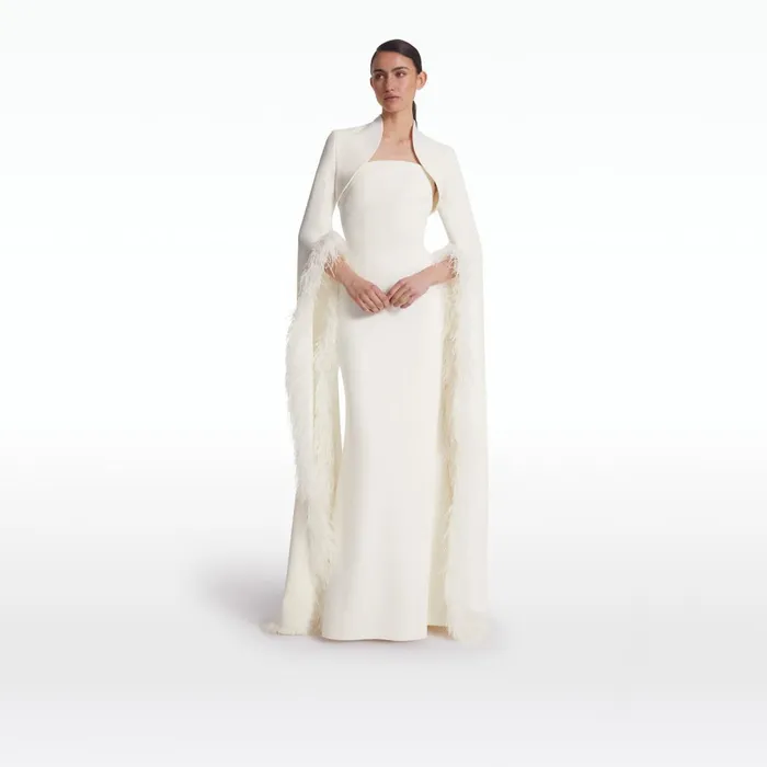 Safiyaa Amari Ivory FeatherTrimmed Bolero And Soshin Dress Women Capes and Harnesses
