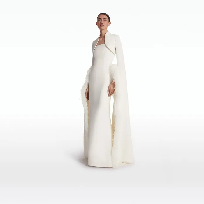 Safiyaa Amari Ivory FeatherTrimmed Bolero And Soshin Dress Women Capes and Harnesses