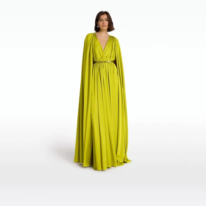 Safiyaa Bianca Chartreuse Long Dress With Embroidered Belt Women Capes and Harnesses