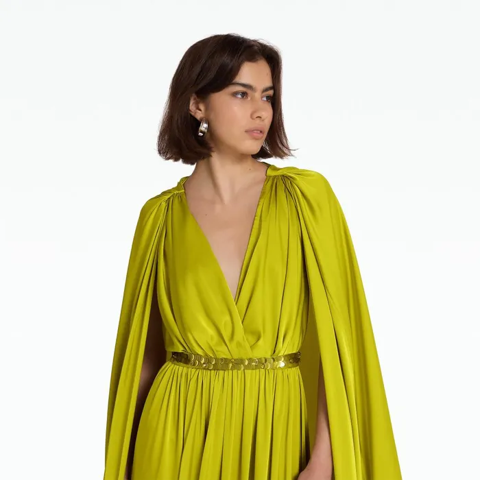 Safiyaa Bianca Chartreuse Long Dress With Embroidered Belt Women Capes and Harnesses