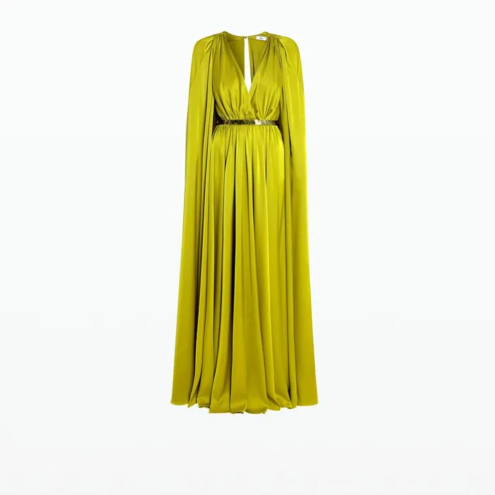 Safiyaa Bianca Chartreuse Long Dress With Embroidered Belt Women Capes and Harnesses