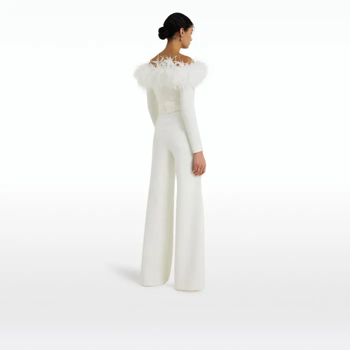 Safiyaa Veasna Ivory FeatherTrimmed Jumpsuit Women Jumpsuits