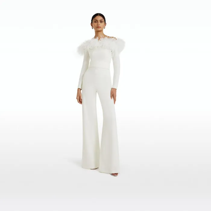 Safiyaa Veasna Ivory FeatherTrimmed Jumpsuit Women Jumpsuits