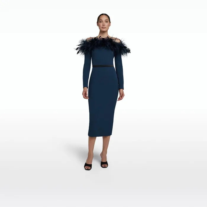 Safiyaa Vittoria Ink Blue Feather Trimmed Midi Dress Women Dresses