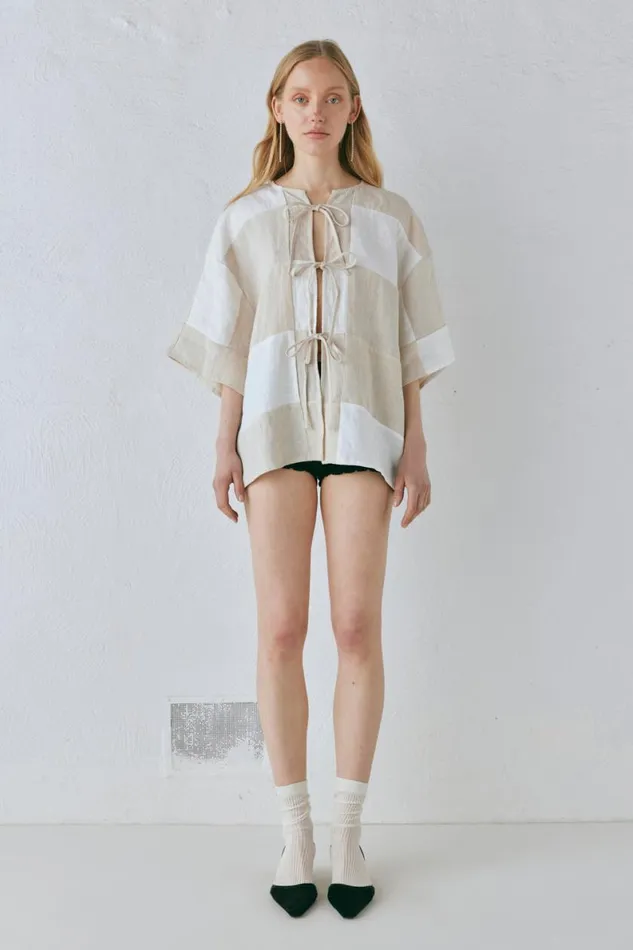 Short Sleeve Women VRG GRL Naomi Linen Smock Top Natural Short Sleeve Women VRG GRL Naomi Linen Smock Top Natural