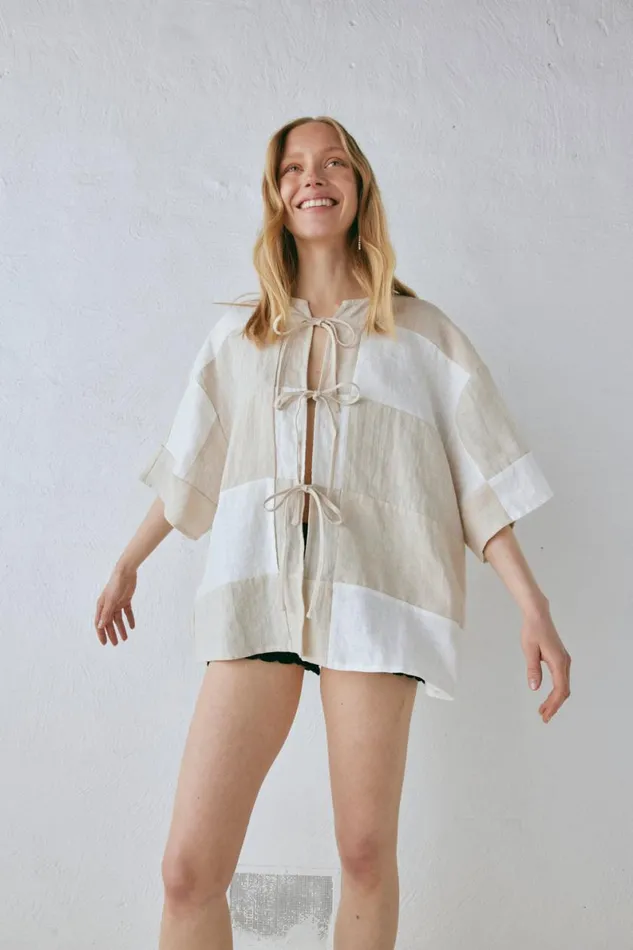 Short Sleeve Women VRG GRL Naomi Linen Smock Top Natural Short Sleeve Women VRG GRL Naomi Linen Smock Top Natural