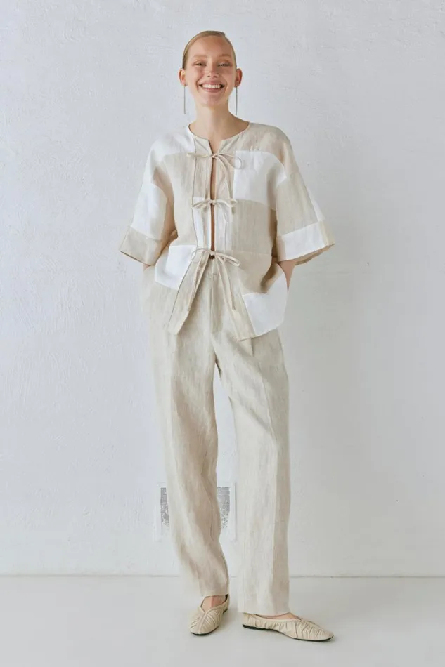 Short Sleeve Women VRG GRL Naomi Linen Smock Top Natural Short Sleeve Women VRG GRL Naomi Linen Smock Top Natural