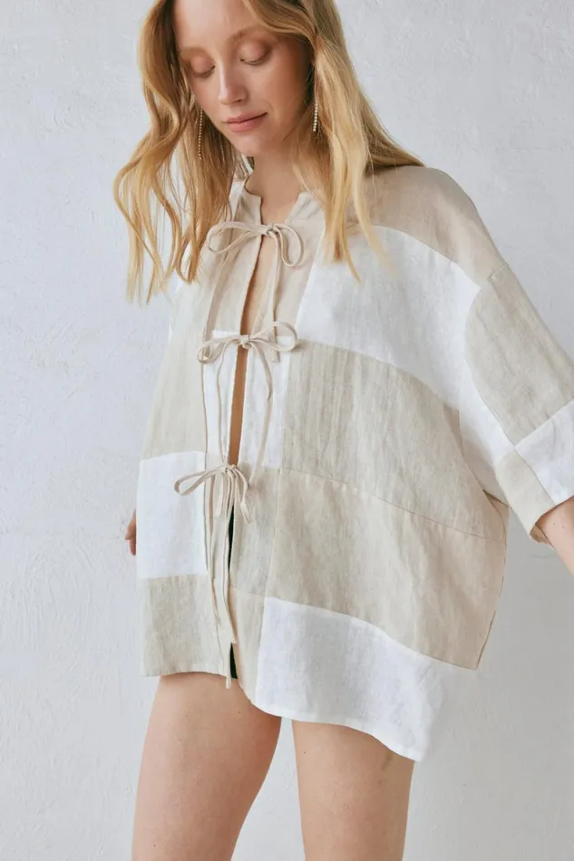 Short Sleeve Women VRG GRL Naomi Linen Smock Top Natural Short Sleeve Women VRG GRL Naomi Linen Smock Top Natural