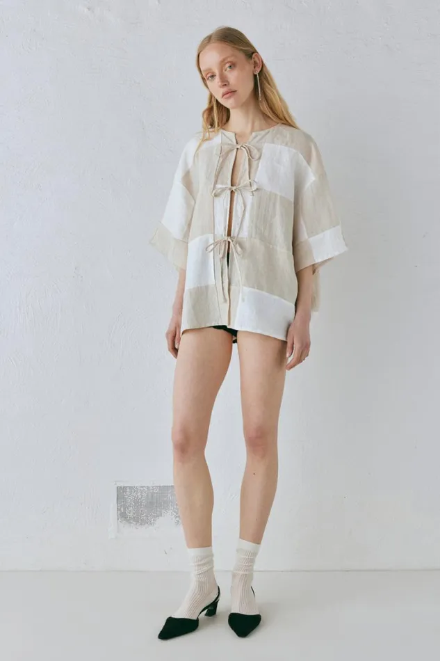 Short Sleeve Women VRG GRL Naomi Linen Smock Top Natural Short Sleeve Women VRG GRL Naomi Linen Smock Top Natural