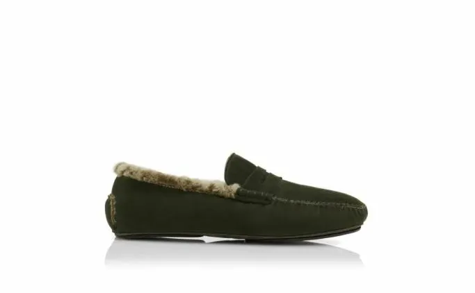 Slippers Men Manolo Blahnik KENSINGTONDark Green Suede Shearling Lined Loafers Slippers Men Manolo Blahnik KENSINGTONDark Green Suede Shearling Lined Loafers