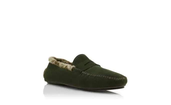 Slippers Men Manolo Blahnik KENSINGTONDark Green Suede Shearling Lined Loafers Slippers Men Manolo Blahnik KENSINGTONDark Green Suede Shearling Lined Loafers