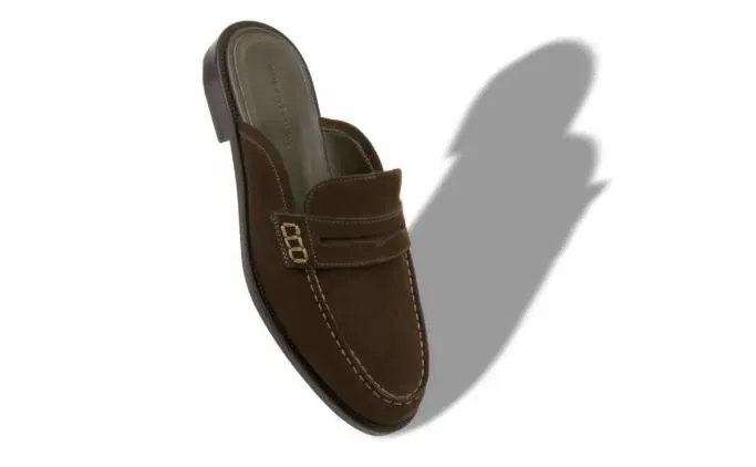 Slippers Men Manolo Blahnik PERRYMUDark Khaki Suede Backless Penny Loafers