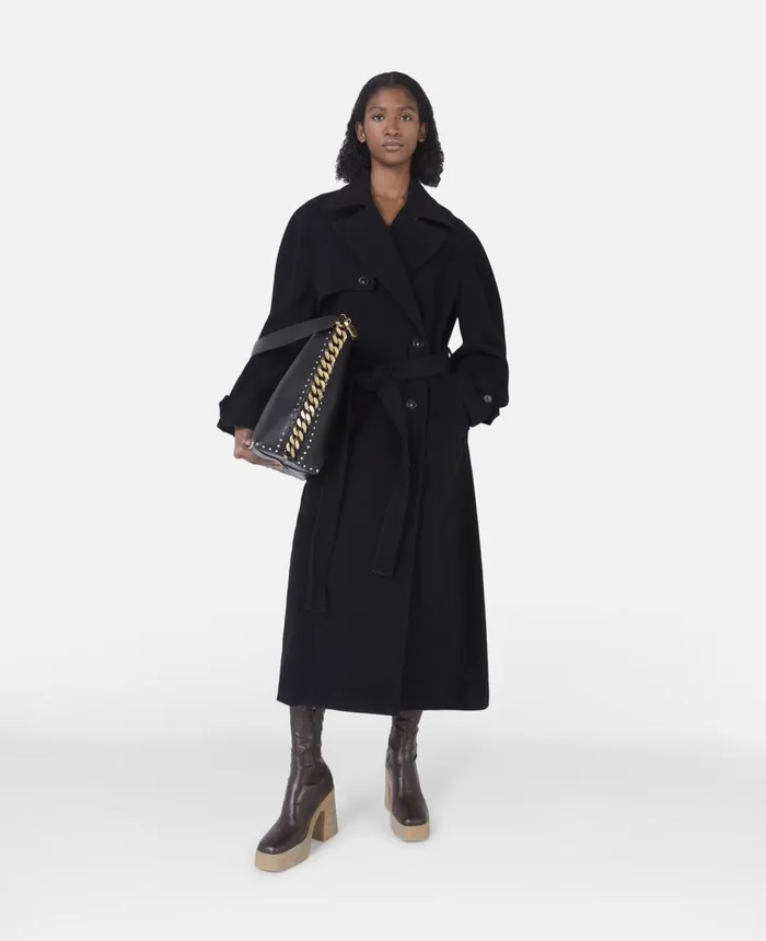 Stella McCartney Banana Sleeve Belted Long Coat Black Women Coats And Jackets
