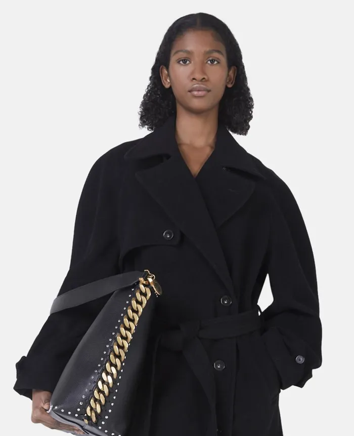 Stella McCartney Banana Sleeve Belted Long Coat Black Women Coats And Jackets