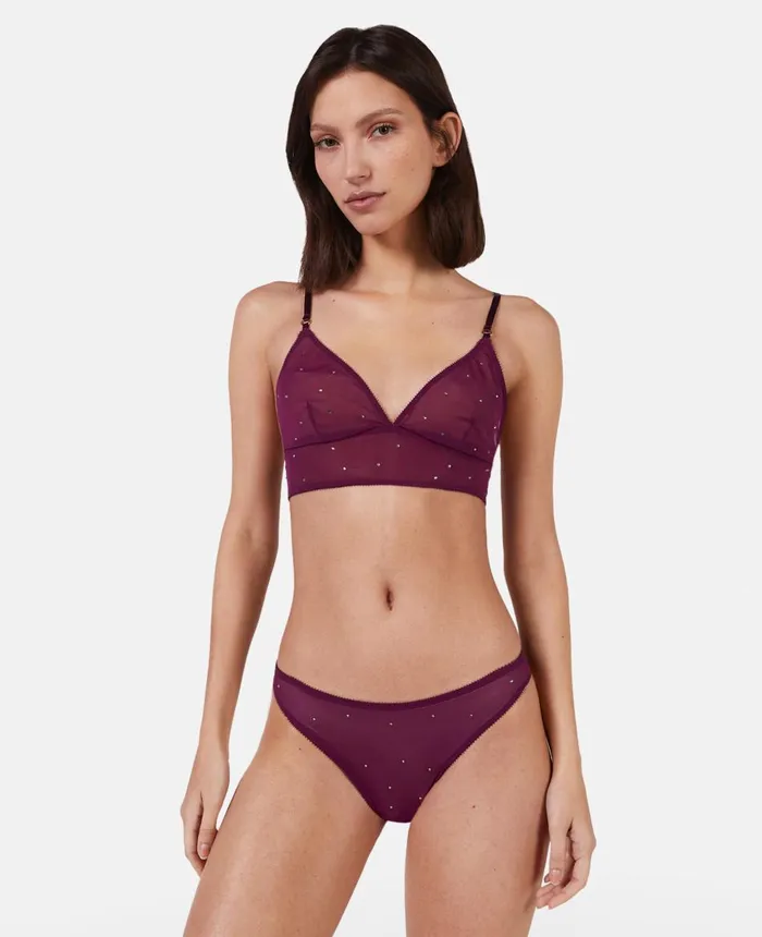 Stella McCartney Crystal Dot Mesh High Leg Briefs Burgundy Women Lingerie And Sleepwear