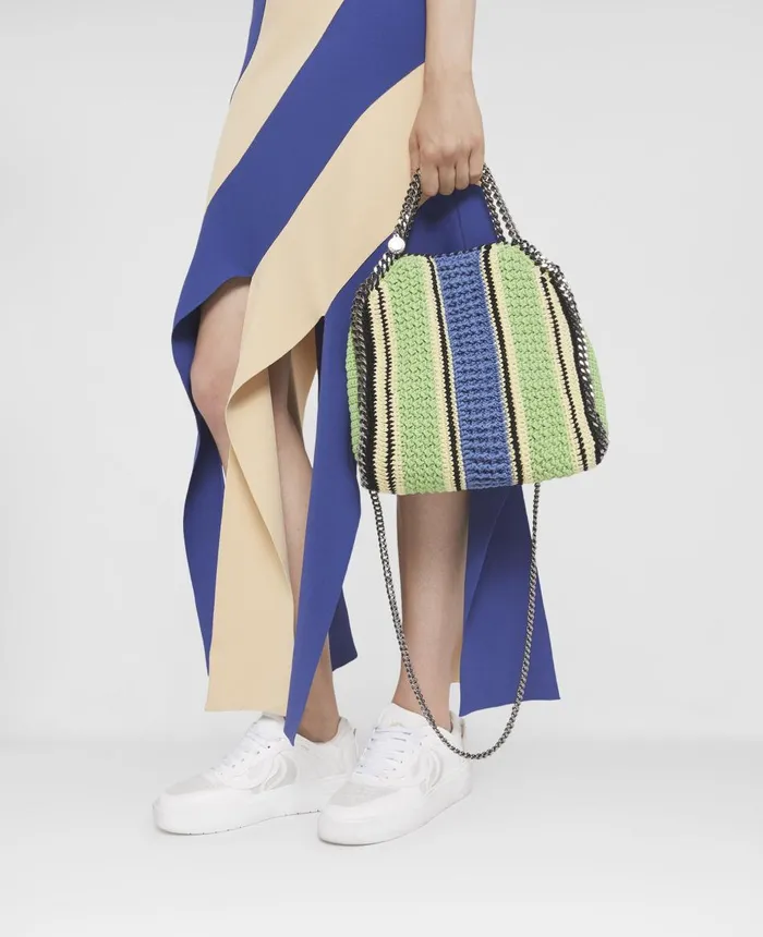 Stella McCartney Falabella Striped Cotton Crochet Mini Tote Bag Greenblue Women Mini Bags And Clutches Stella McCartney Falabella Striped Cotton Crochet Mini Tote Bag Greenblue Women Mini Bags And Clutches