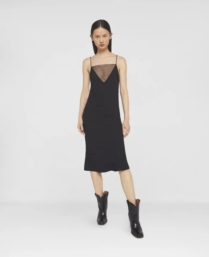 Stella McCartney V Mesh Compact Crepe Slip Dress Black Women Dresses
