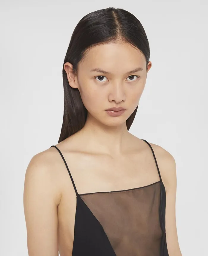 Stella McCartney V Mesh Compact Crepe Slip Dress Black Women Dresses