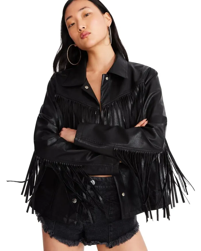 Steve Madden Fringe Jacket Black Womens Jackets and Coats