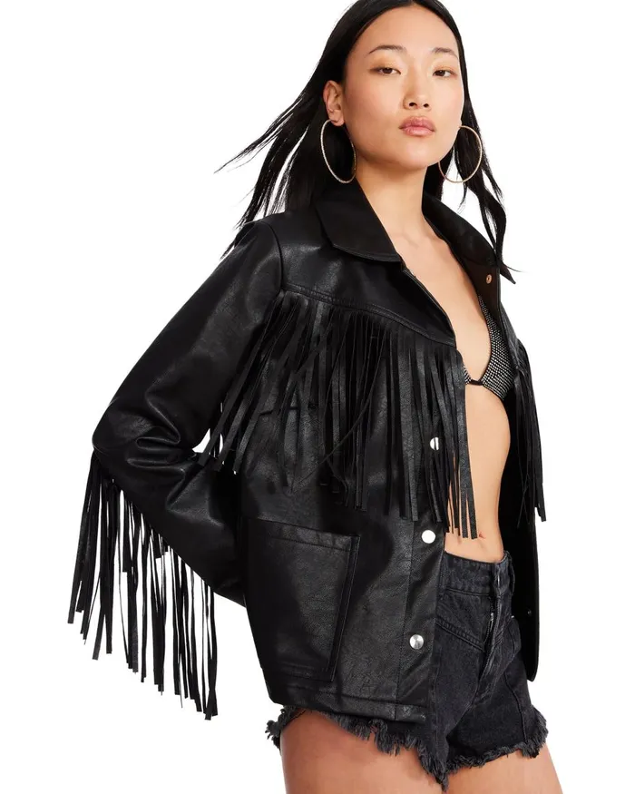 Steve Madden Fringe Jacket Black Womens Jackets and Coats