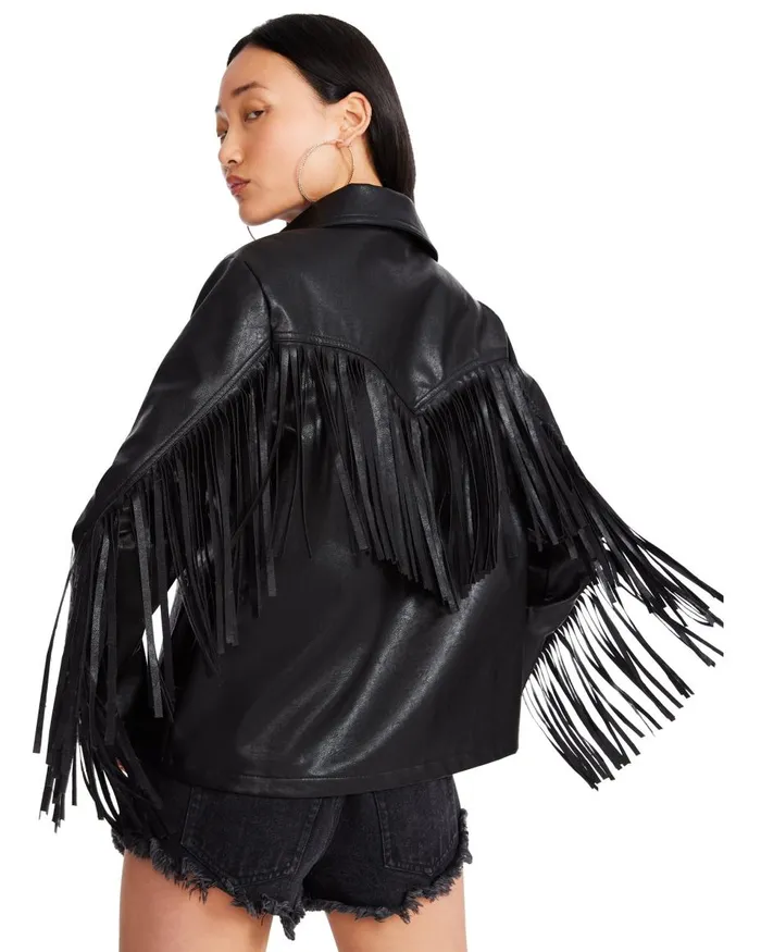 Steve Madden Fringe Jacket Black Womens Jackets and Coats